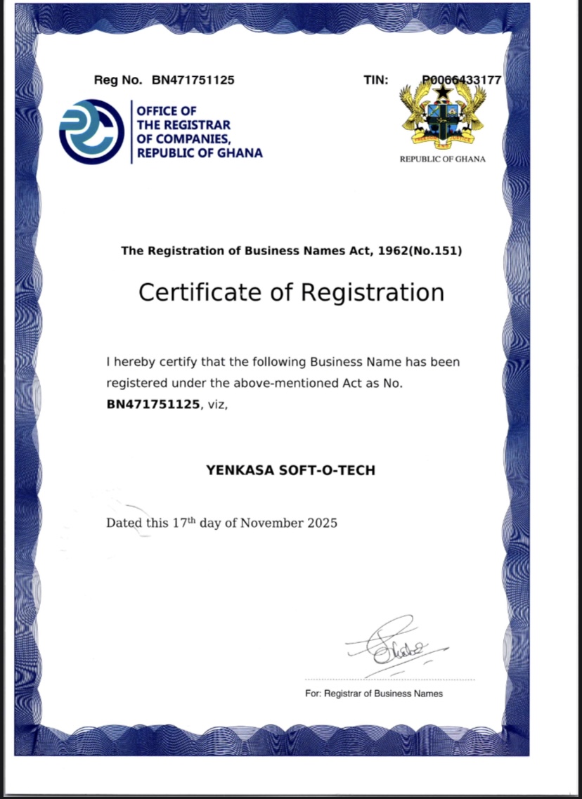 Yenkasa Soft-O-Tech certificate of registration